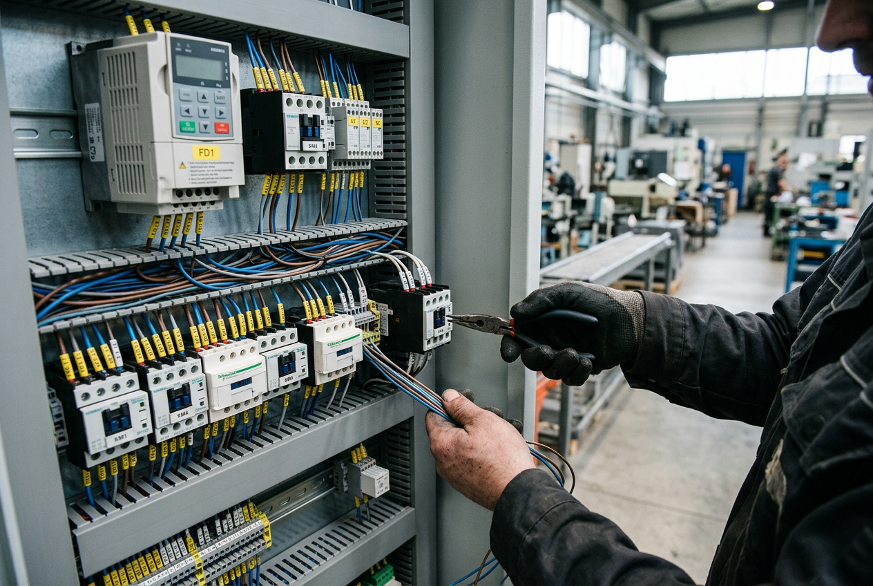 Técnico cableando un tablero eléctrico industrial con variadores y contactores